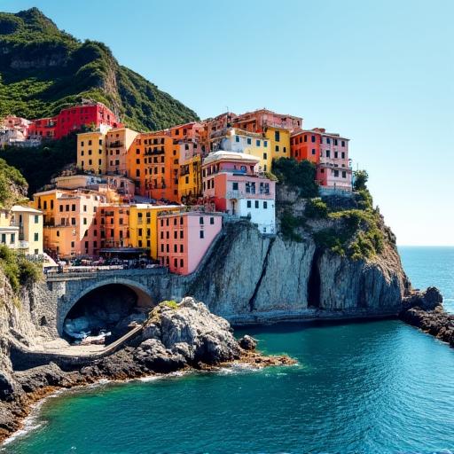 Colorful houses perched on the cliffside of the Amalfi Coast.