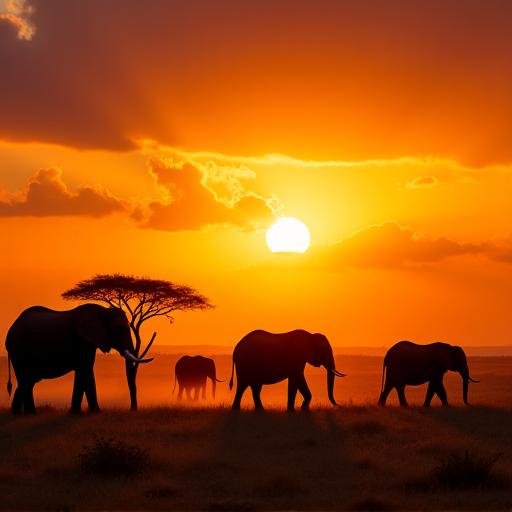 A herd of elephants crossing the Serengeti plains at sunset.